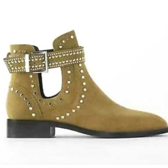 Zara studded leather suede olive green cutout ankle boots woman's size 7, NWOT