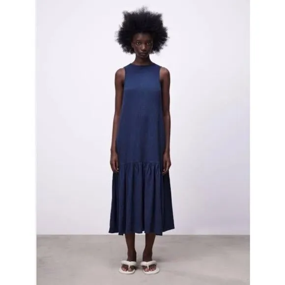 Zara textured tiered weave midi blue dress sz M