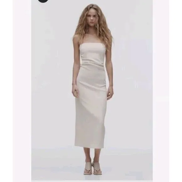 ZARA Woman Oyster White Strapless Midi Dress Sleek Minimalist Chic Size Small