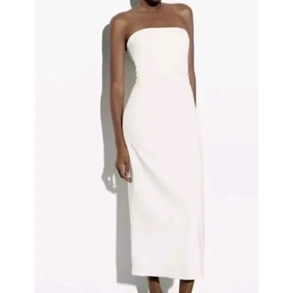 ZARA Woman Oyster White Strapless Midi Dress Sleek Minimalist Chic Size Small