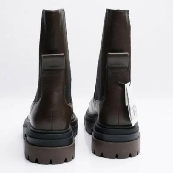 Zara Womens Chelsea Khaki Leather Ankle Boots Lug Soles múltiple size.