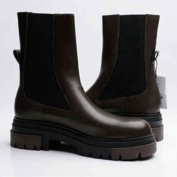 Zara Womens Chelsea Khaki Leather Ankle Boots Lug Soles múltiple size.