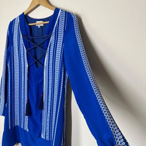 Zeus   Dione Silk Embroidered Dress Womens Size 40 Tassels Boho Grecian Luxury