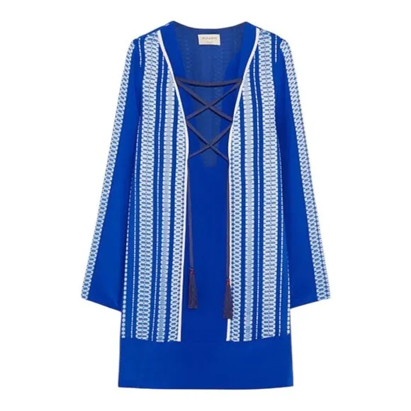 Zeus   Dione Silk Embroidered Dress Womens Size 40 Tassels Boho Grecian Luxury