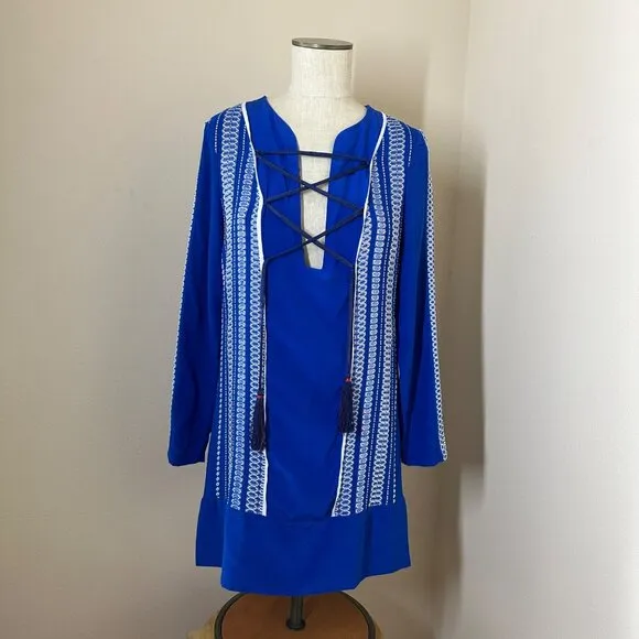 Zeus   Dione Silk Embroidered Dress Womens Size 40 Tassels Boho Grecian Luxury