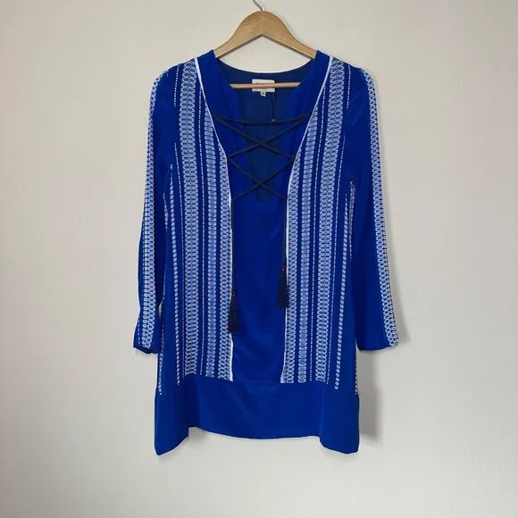 Zeus   Dione Silk Embroidered Dress Womens Size 40 Tassels Boho Grecian Luxury
