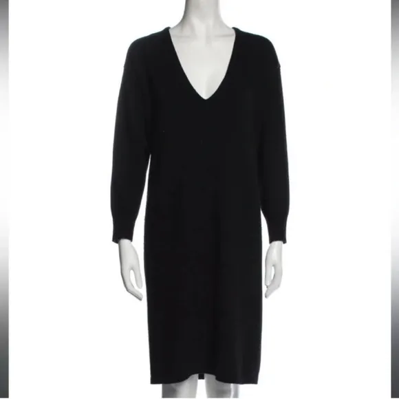 ZORAN 100% Cashmere Black MIDI Deep V-Neck Luxury Dress Size Medium