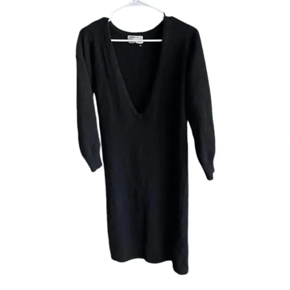 ZORAN 100% Cashmere Black MIDI Deep V-Neck Luxury Dress Size Medium