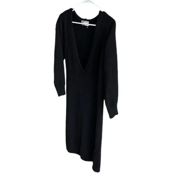 ZORAN 100% Cashmere Black MIDI Deep V-Neck Luxury Dress Size Medium