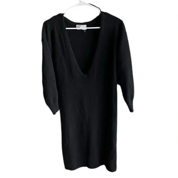 ZORAN 100% Cashmere Black MIDI Deep V-Neck Luxury Dress Size Medium